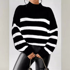 Isana | Women's Striped Ribbed Collar Sweater - Long Sleeve Knit Pullover - Nalani - Fashion Clothing and Decor