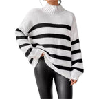 Isana | Women's Striped Ribbed Collar Sweater - Long Sleeve Knit Pullover - Nalani - Fashion Clothing and Decor