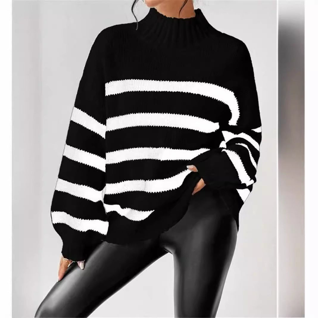 Isana | Women's Striped Ribbed Collar Sweater - Long Sleeve Knit Pullover - Nalani - Fashion Clothing and Decor