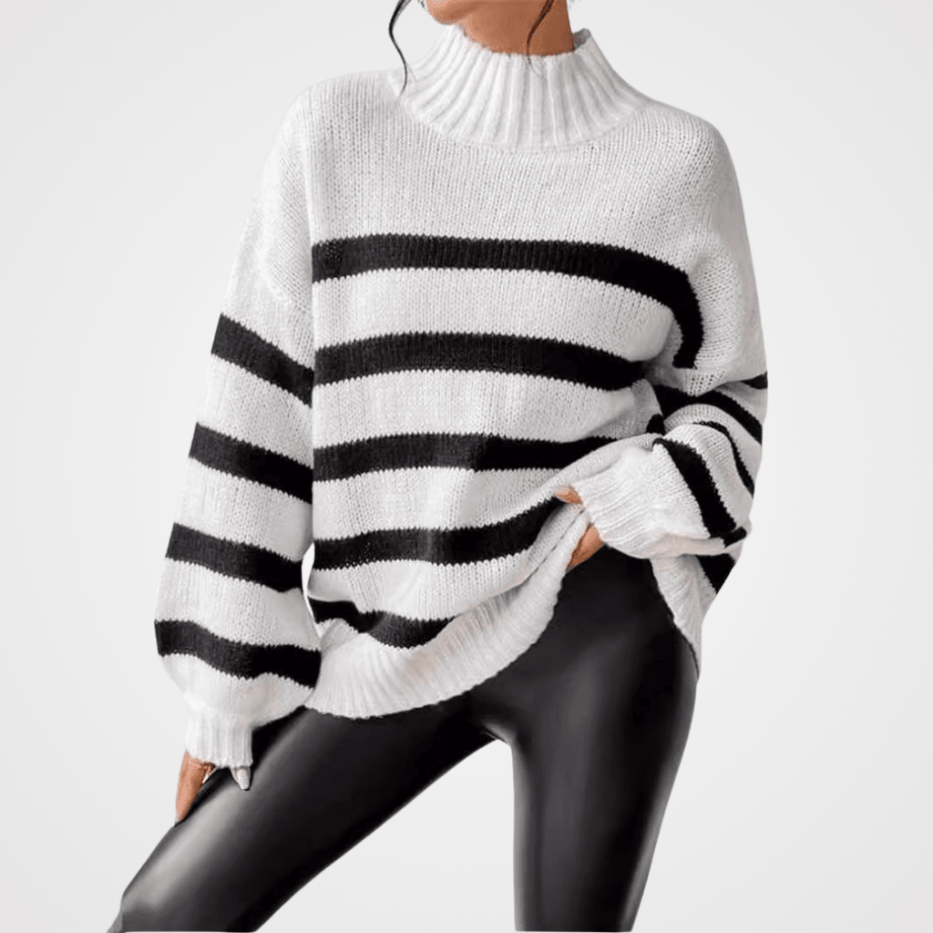 Isana | Women's Striped Ribbed Collar Sweater - Long Sleeve Knit Pullover - Nalani - Fashion Clothing and Decor