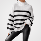 Isana | Women's Striped Ribbed Collar Sweater - Long Sleeve Knit Pullover - Nalani - Fashion Clothing and Decor