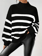 Isana | Women's Striped Ribbed Collar Sweater - Long Sleeve Knit Pullover - Nalani - Fashion Clothing and Decor