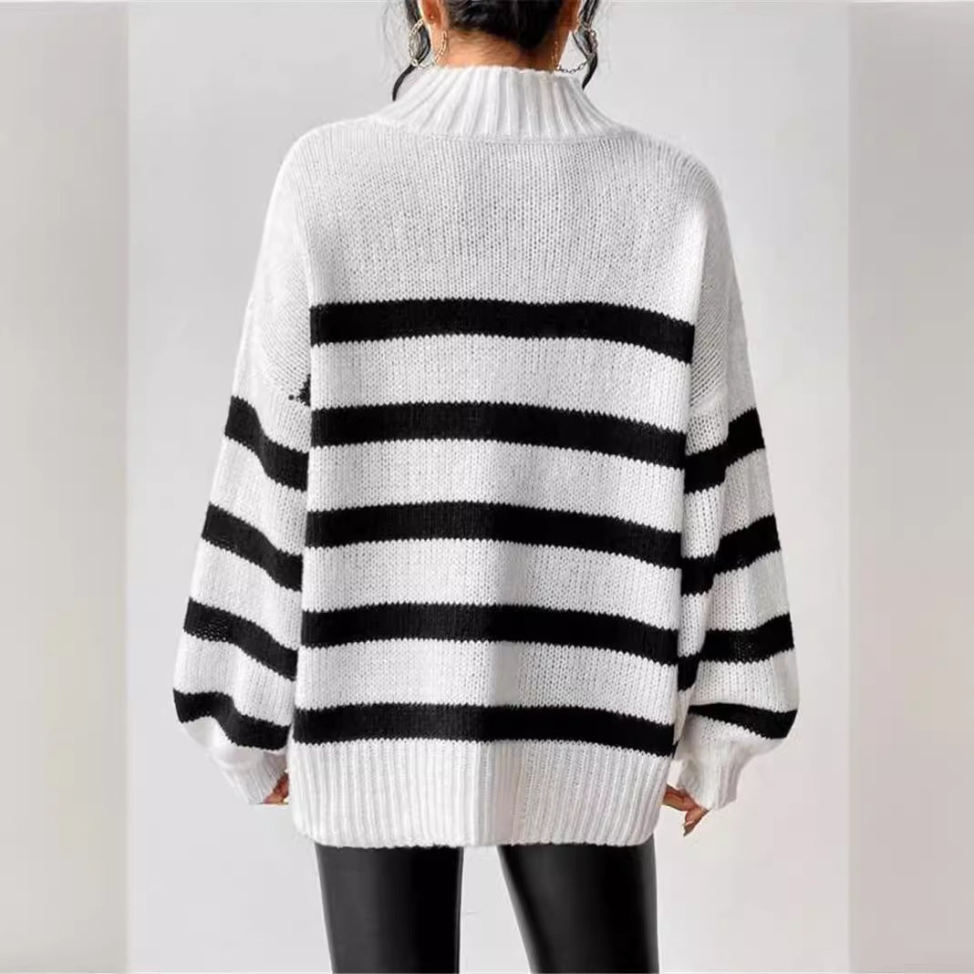 Isana | Women's Striped Ribbed Collar Sweater - Long Sleeve Knit Pullover - Nalani - Fashion Clothing and Decor
