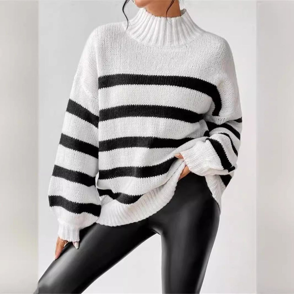 Isana | Women's Striped Ribbed Collar Sweater - Long Sleeve Knit Pullover - Nalani - Fashion Clothing and Decor