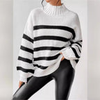 Isana | Women's Striped Ribbed Collar Sweater - Long Sleeve Knit Pullover - Nalani - Fashion Clothing and Decor