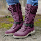 Knee High Boots Wool Knit Cuff Lace Up Side Zipper Buckle Strap - Nalani - UK Fashion Clothing and Decor