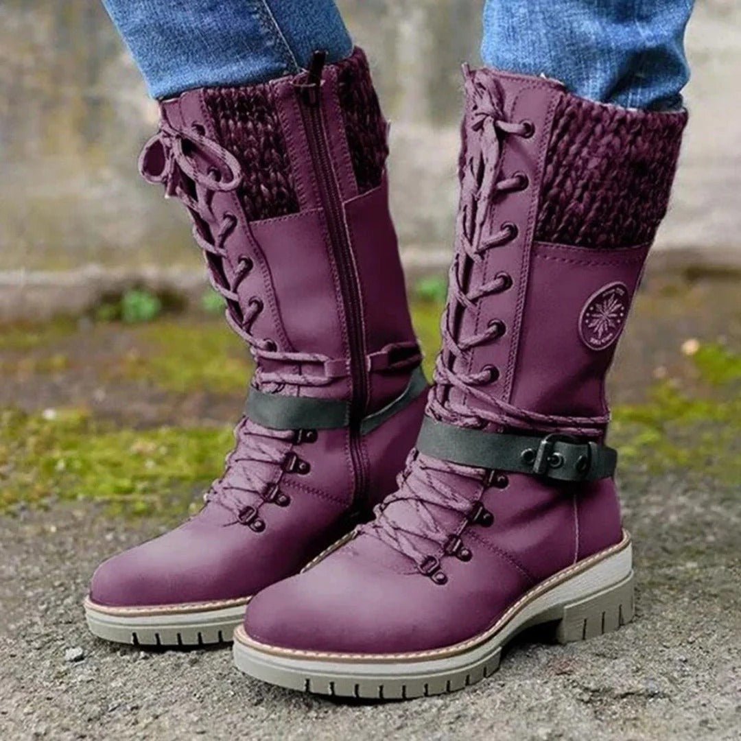 Knee High Boots Wool Knit Cuff Lace Up Side Zipper Buckle Strap - Nalani - UK Fashion Clothing and Decor