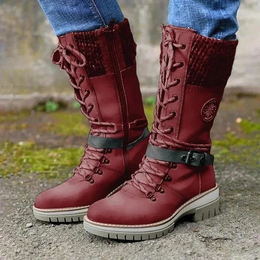 Knee High Boots Wool Knit Cuff Lace Up Side Zipper Buckle Strap - Nalani - UK Fashion Clothing and Decor