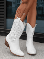 Knee High Cowgirl Boots With Mid Heel And Embroidered Stitch - Nalani - Fashion Clothing and Decor
