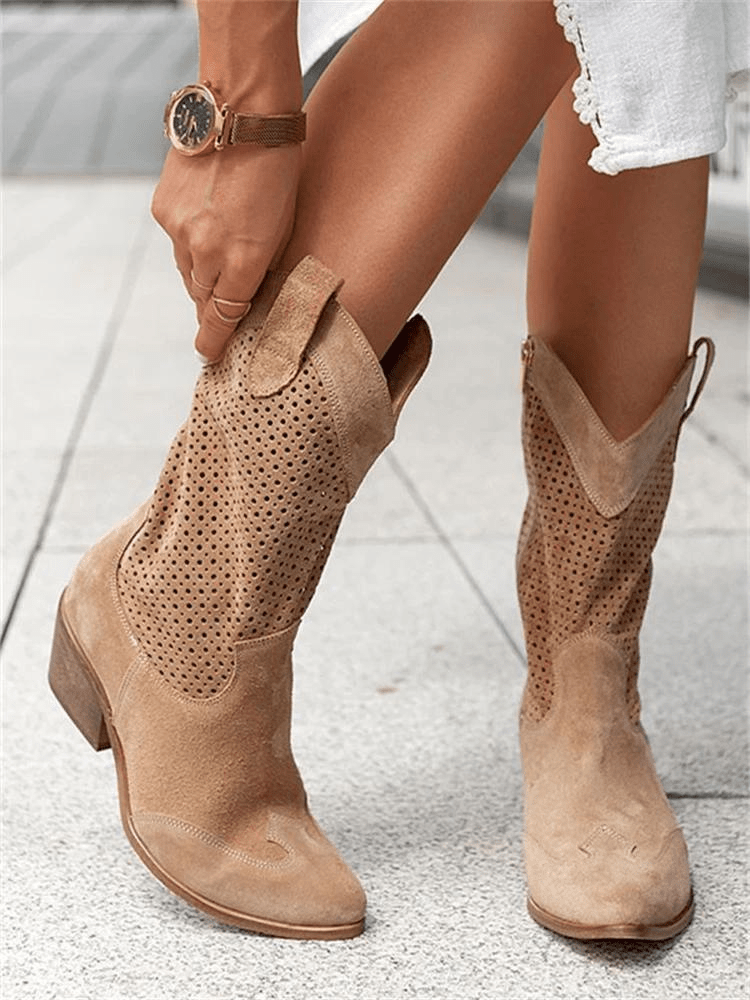 Knee High Cowgirl Boots With Mid Heel And Embroidered Stitch - Nalani - Fashion Clothing and Decor