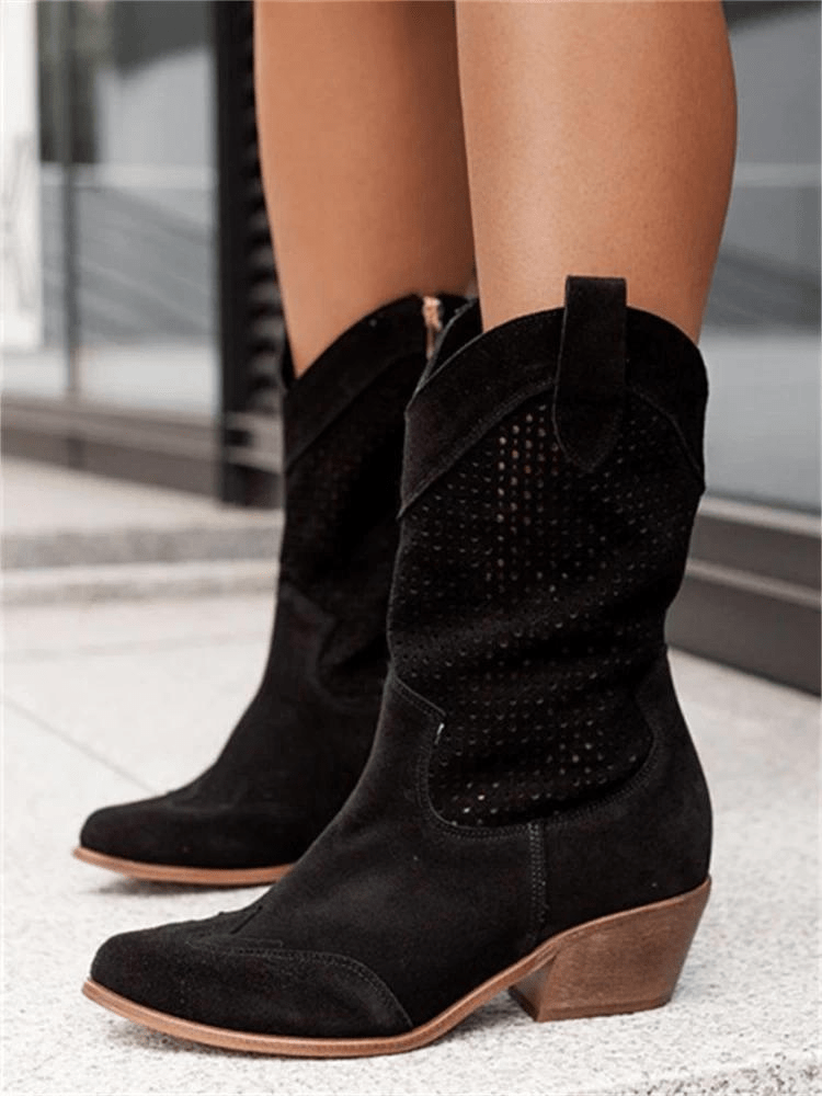 Knee High Cowgirl Boots With Mid Heel And Embroidered Stitch - Nalani - Fashion Clothing and Decor