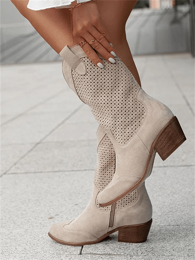 Knee High Cowgirl Boots With Mid Heel And Embroidered Stitch - Nalani - Fashion Clothing and Decor