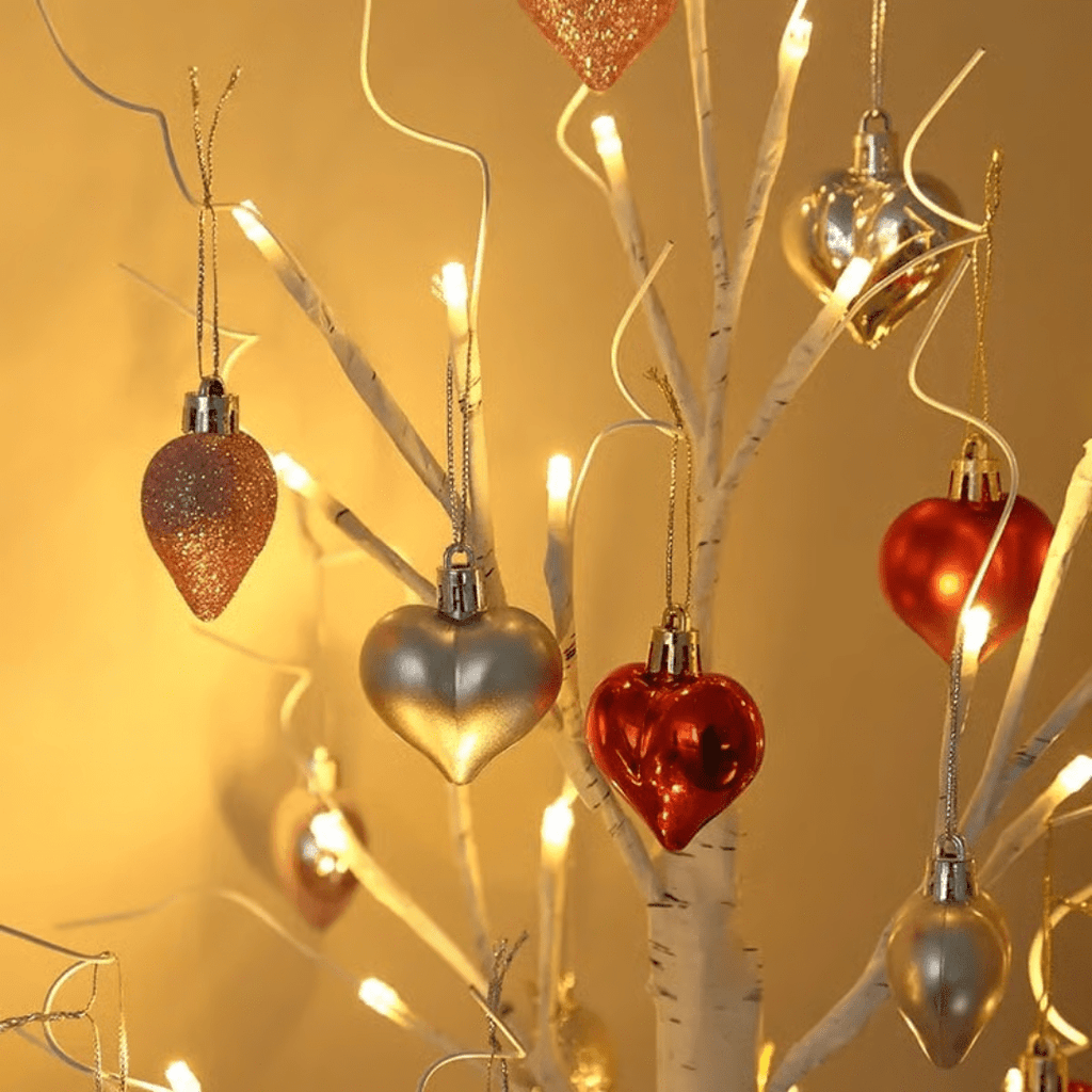LED Birch Tree with 18 Heart Ornaments – 24 in Warm White Light Up Tree, Battery or USB, Valentine's & Anniversary Gift - Nalani - Fashion Clothing and Decor