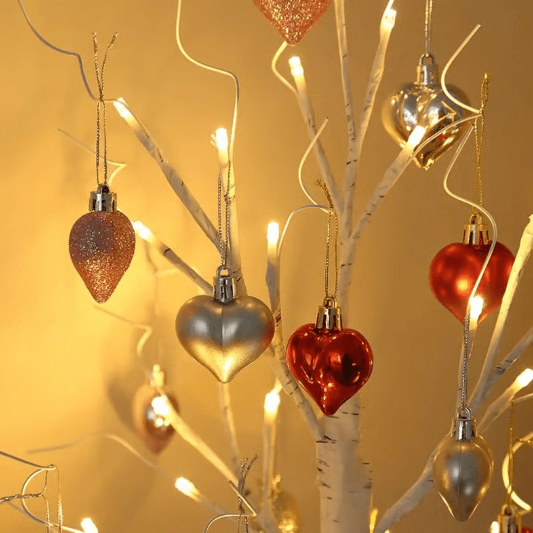 LED Birch Tree with 18 Heart Ornaments – 24 in Warm White Light Up Tree, Battery or USB, Valentine's & Anniversary Gift - Nalani - Fashion Clothing and Decor