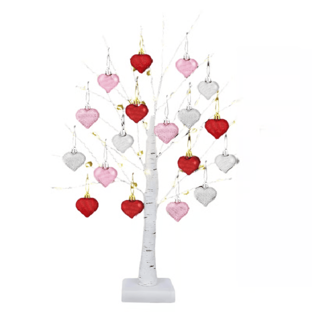 LED Birch Tree with 18 Heart Ornaments – 24 in Warm White Light Up Tree, Battery or USB, Valentine's & Anniversary Gift - Nalani - Fashion Clothing and Decor