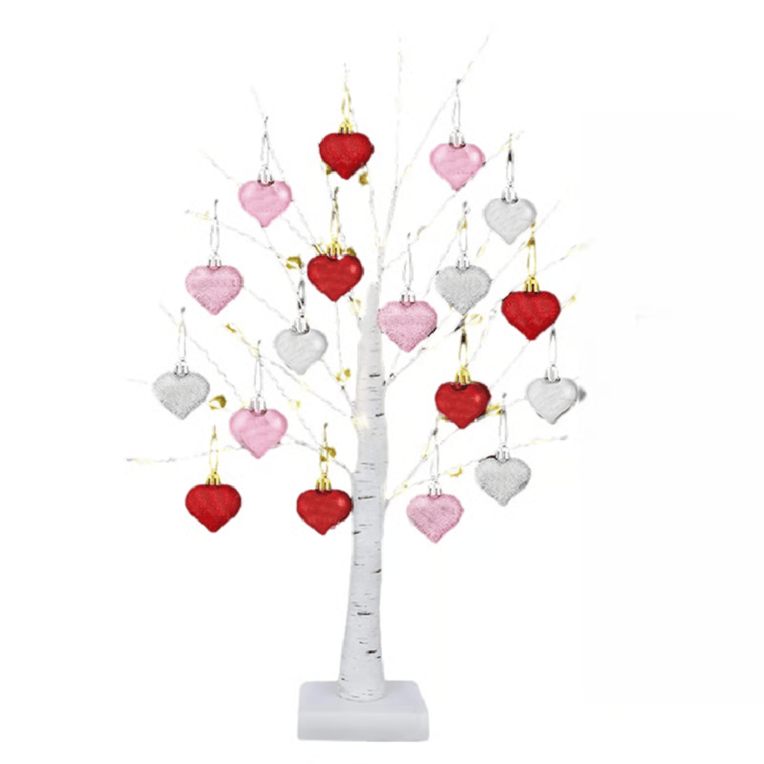 LED Birch Tree with 18 Heart Ornaments – 24 in Warm White Light Up Tree, Battery or USB, Valentine's & Anniversary Gift - Nalani - Fashion Clothing and Decor