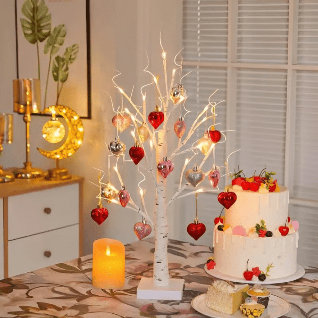 LED Birch Tree with 18 Heart Ornaments – 24 in Warm White Light Up Tree, Battery or USB, Valentine's & Anniversary Gift - Nalani - Fashion Clothing and Decor