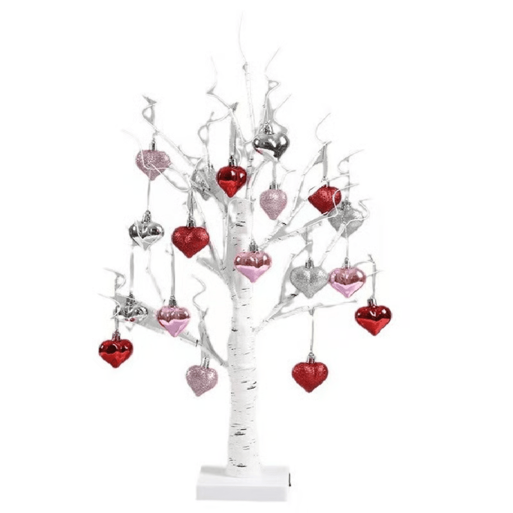 LED Birch Tree with 18 Heart Ornaments – 24 in Warm White Light Up Tree, Battery or USB, Valentine's & Anniversary Gift - Nalani - Fashion Clothing and Decor