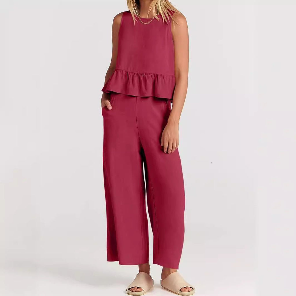 Linen Blend Peplum Top and Wide Leg Pants Two Piece Set - Nalani - UK and AUS Fashion Clothing and Decor