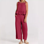 Linen Blend Peplum Top and Wide Leg Pants Two Piece Set - Nalani - UK and AUS Fashion Clothing and Decor