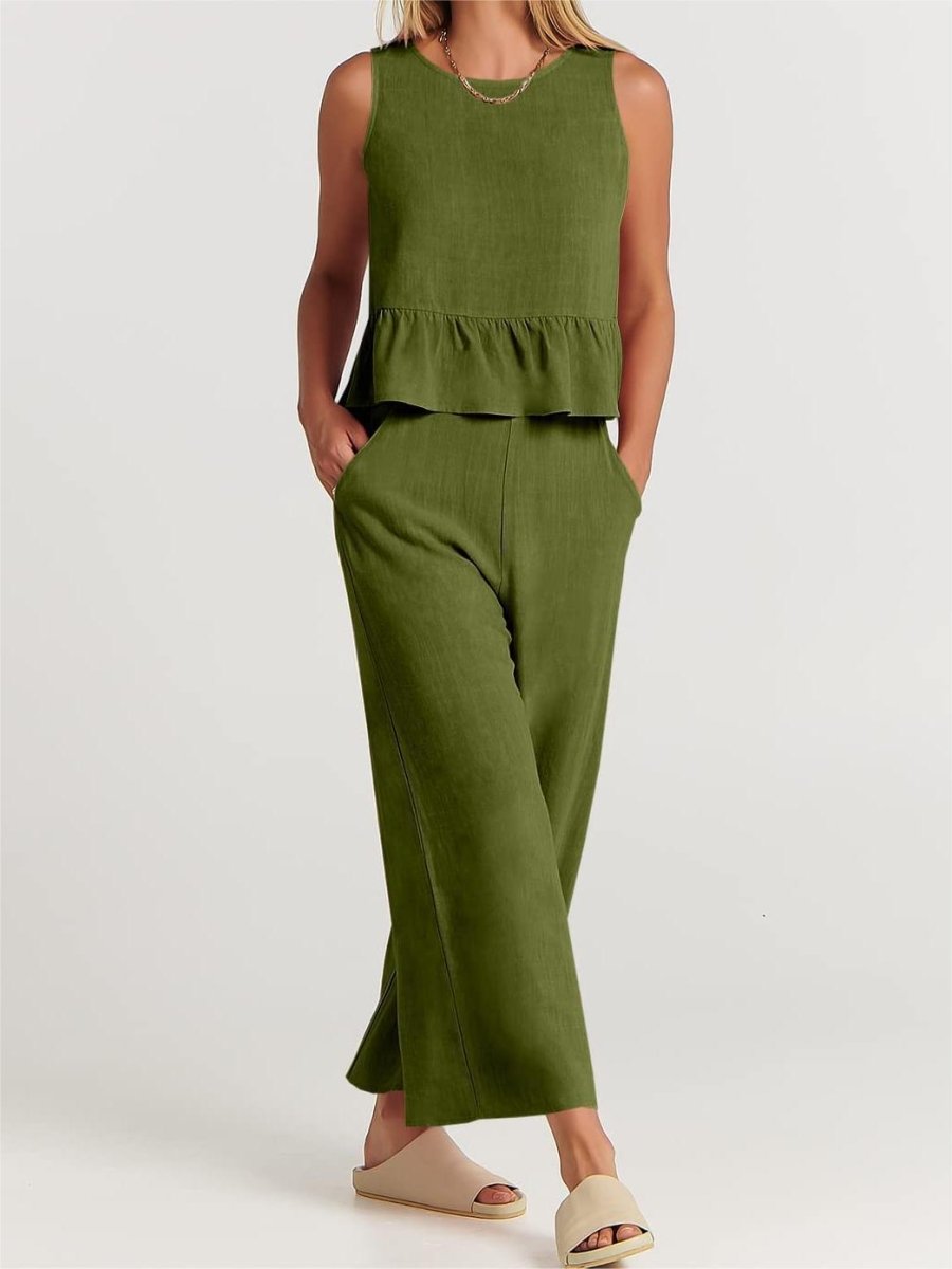 Linen Blend Peplum Top and Wide Leg Pants Two Piece Set - Nalani - UK and AUS Fashion Clothing and Decor
