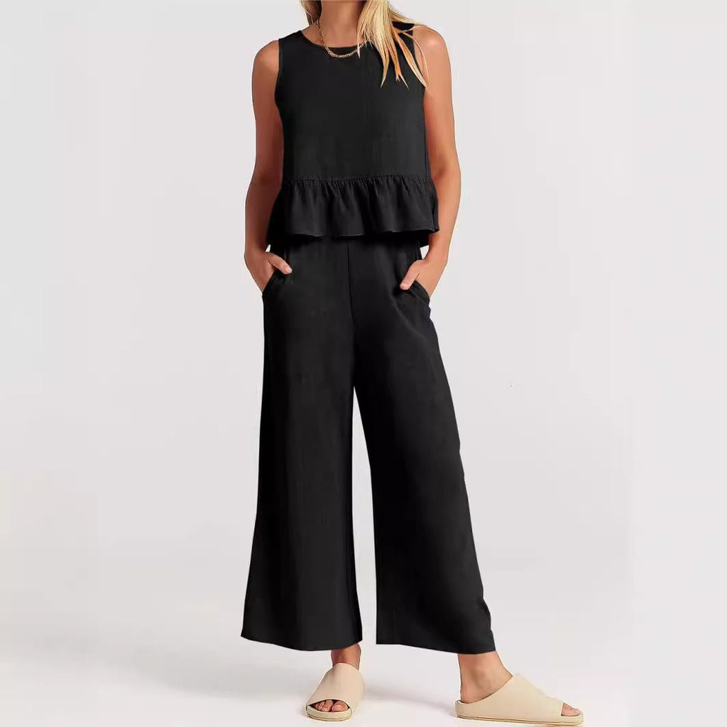 Linen Blend Peplum Top and Wide Leg Pants Two Piece Set - Nalani - UK and AUS Fashion Clothing and Decor