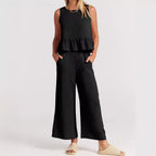 Linen Blend Peplum Top and Wide Leg Pants Two Piece Set - Nalani - UK and AUS Fashion Clothing and Decor