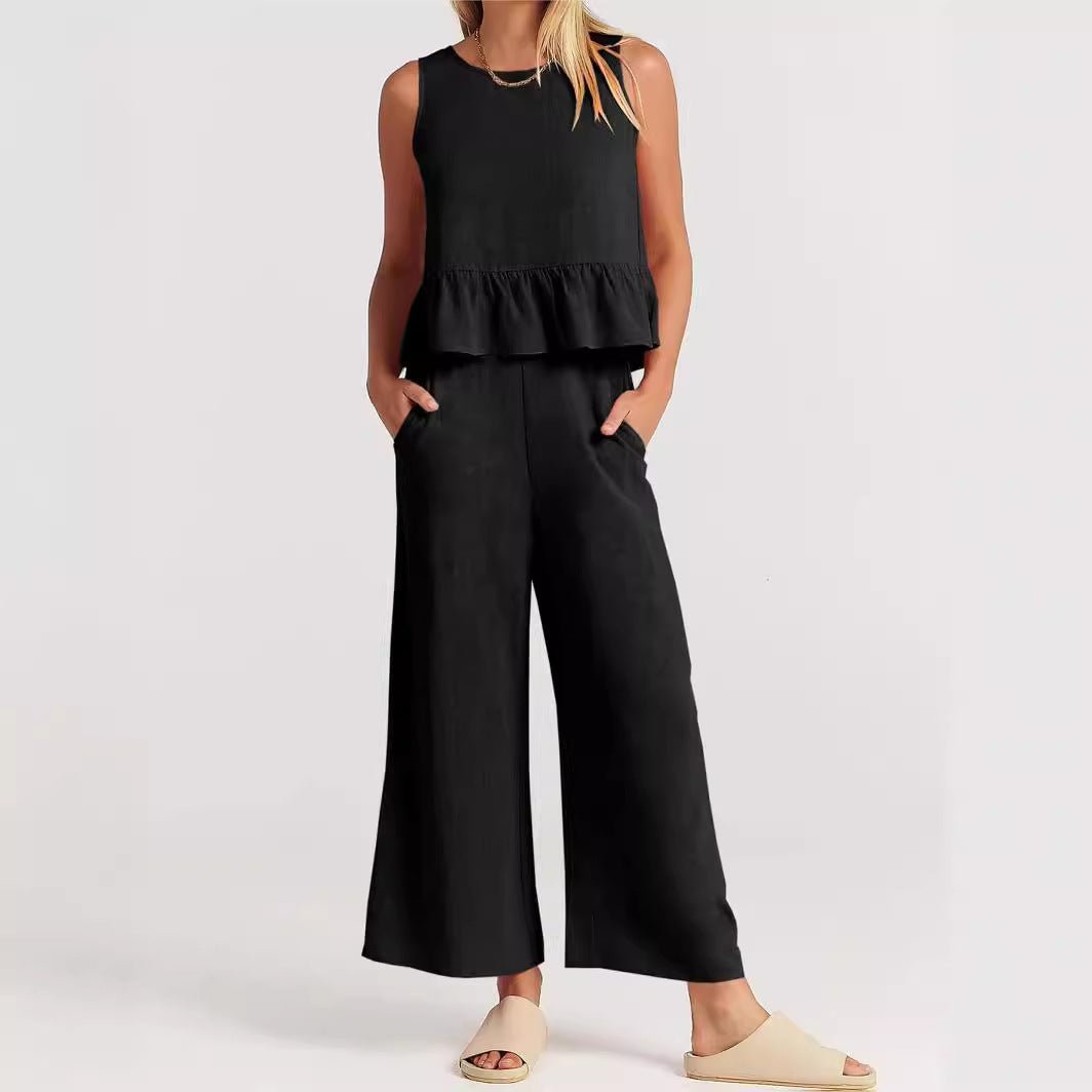 Linen Blend Peplum Top and Wide Leg Pants Two Piece Set - Nalani - UK and AUS Fashion Clothing and Decor