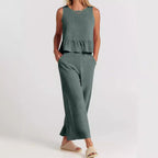 Linen Blend Peplum Top and Wide Leg Pants Two Piece Set - Nalani - UK and AUS Fashion Clothing and Decor