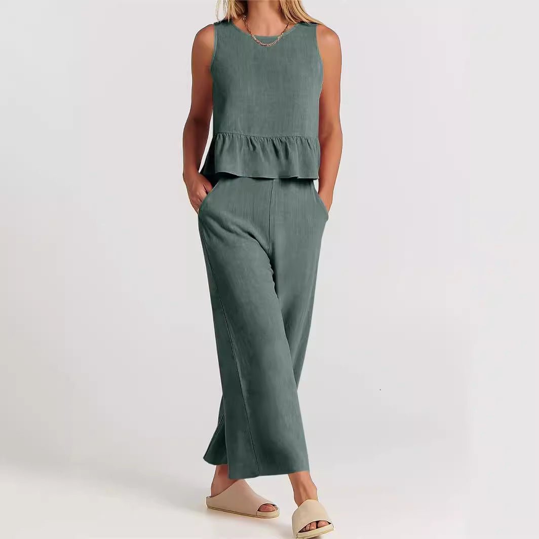 Linen Blend Peplum Top and Wide Leg Pants Two Piece Set - Nalani - UK and AUS Fashion Clothing and Decor