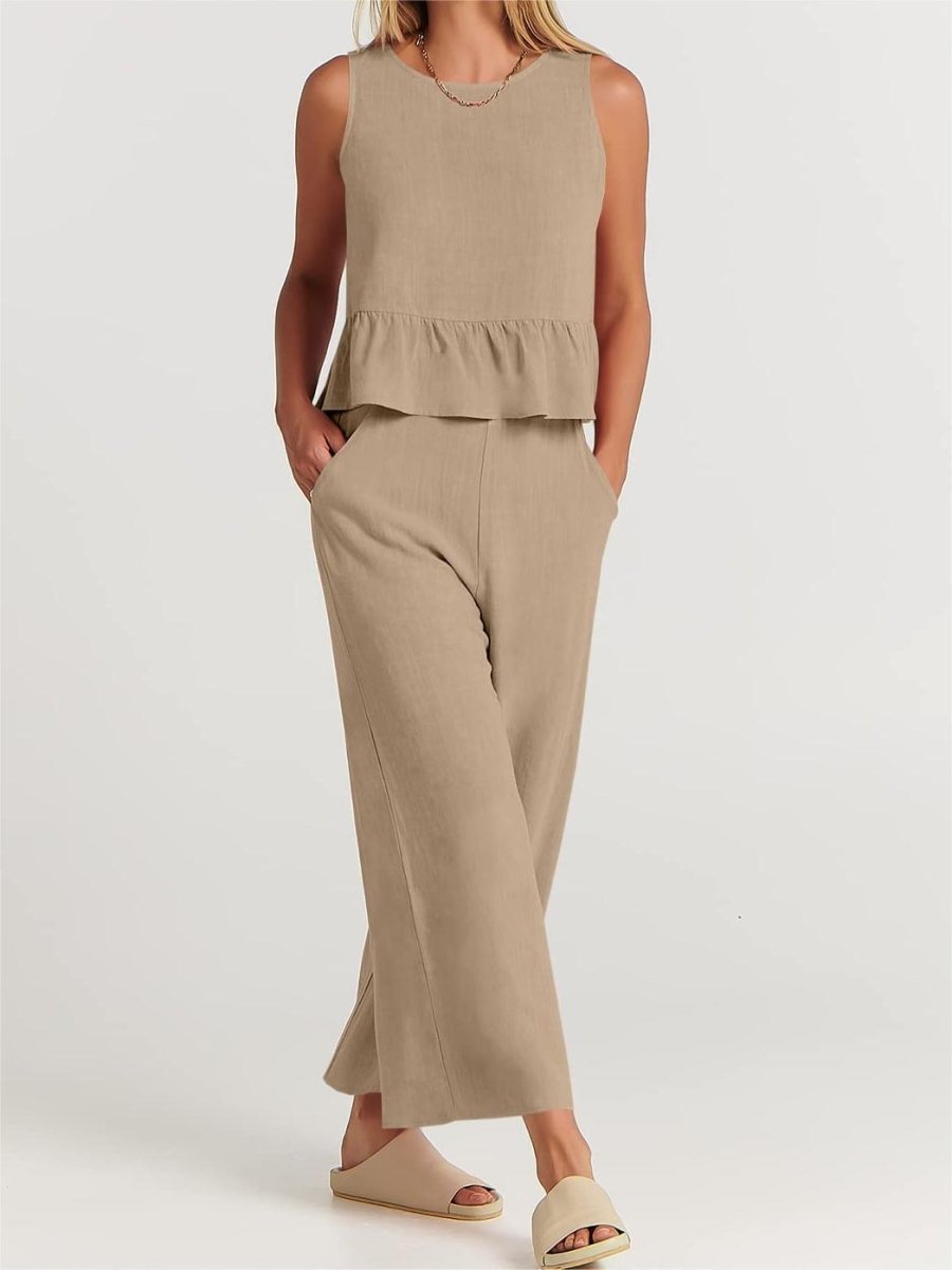 Linen Blend Peplum Top and Wide Leg Pants Two Piece Set - Nalani - UK and AUS Fashion Clothing and Decor