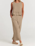 Linen Blend Peplum Top and Wide Leg Pants Two Piece Set - Nalani - UK and AUS Fashion Clothing and Decor