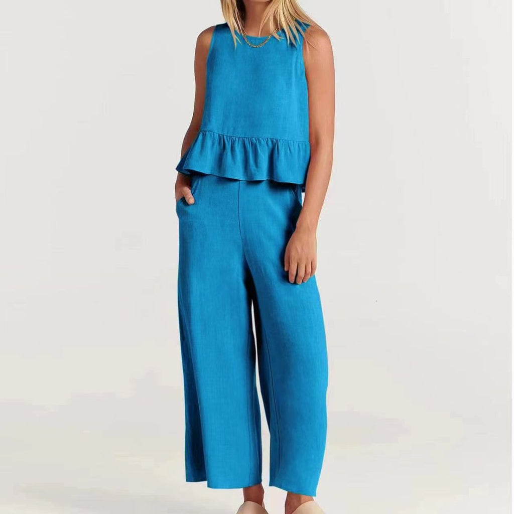 Linen Blend Peplum Top and Wide Leg Pants Two Piece Set - Nalani - UK and AUS Fashion Clothing and Decor