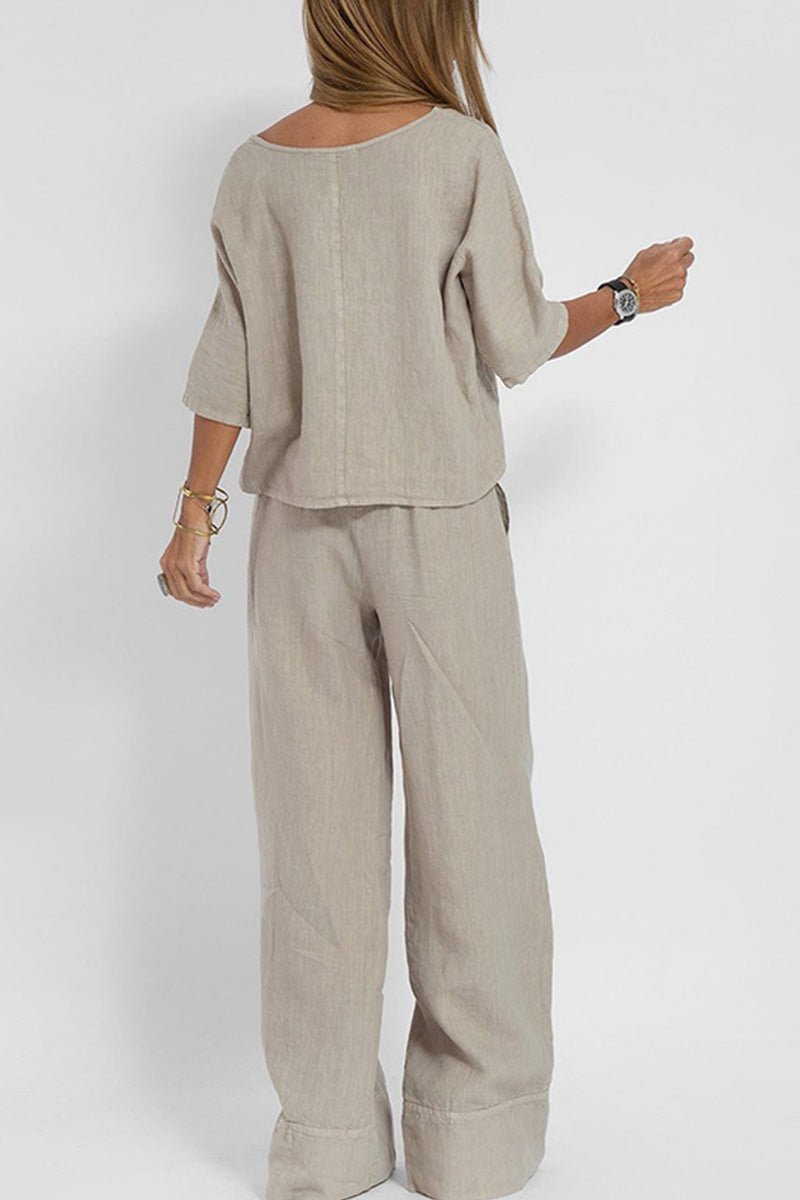 Linen Texture Two - Piece Set With Wide - Leg Trousers Resort Wear - Nalani - UK and AUS Fashion Clothing and Decor
