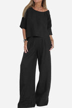 Linen Texture Two - Piece Set With Wide - Leg Trousers Resort Wear - Nalani - UK and AUS Fashion Clothing and Decor