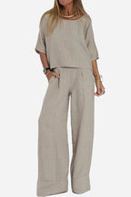 Linen Texture Two - Piece Set With Wide - Leg Trousers Resort Wear - Nalani - UK and AUS Fashion Clothing and Decor