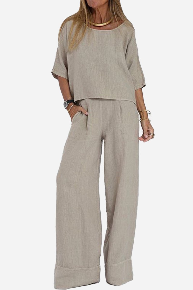 Linen Texture Two - Piece Set With Wide - Leg Trousers Resort Wear - Nalani - UK and AUS Fashion Clothing and Decor
