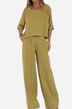 Linen Texture Two - Piece Set With Wide - Leg Trousers Resort Wear - Nalani - UK and AUS Fashion Clothing and Decor