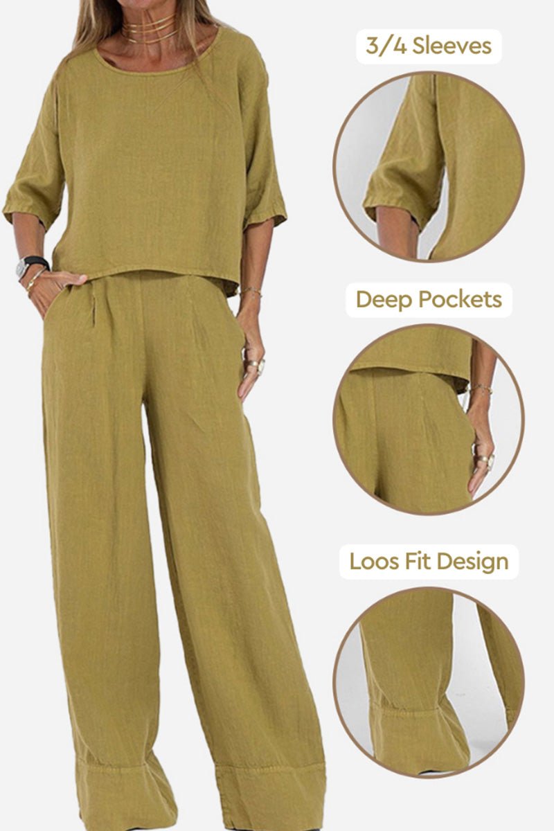Linen Texture Two - Piece Set With Wide - Leg Trousers Resort Wear - Nalani - UK and AUS Fashion Clothing and Decor