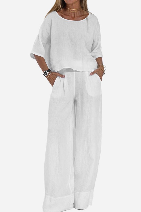 Linen Texture Two - Piece Set With Wide - Leg Trousers Resort Wear - Nalani - UK and AUS Fashion Clothing and Decor