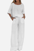 Linen Texture Two - Piece Set With Wide - Leg Trousers Resort Wear - Nalani - UK and AUS Fashion Clothing and Decor