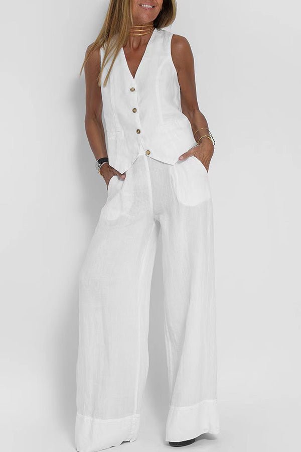 Linen Texture Vest And Wide Leg Trouser Co Ord Set For Summer - Nalani - UK and AUS Fashion Clothing and Decor