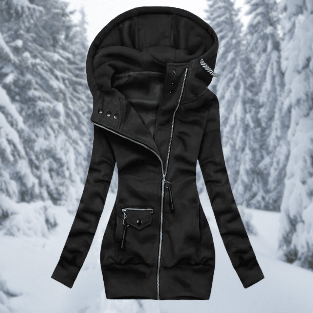 Long Asymmetric Zip Winter Jacket For Women With Cozy Oversized Hood - Nalani - UK Fashion Clothing and Decor