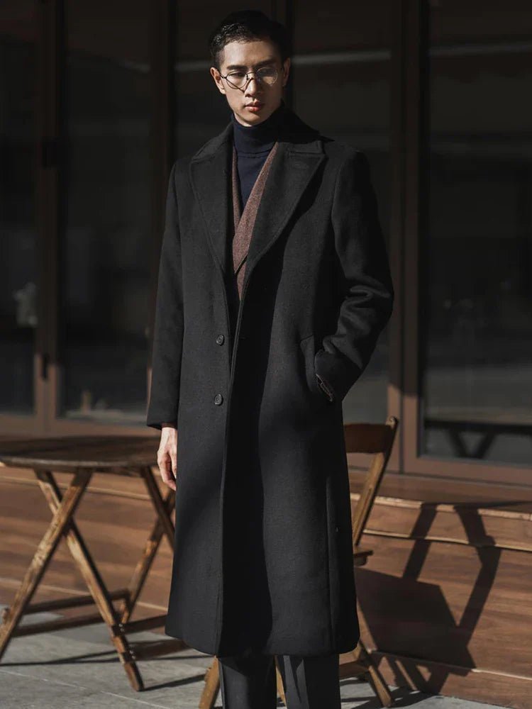 Long Warm Black Trench Coat For Men Wool Blend Winter Ready - Nalani - UK Fashion Clothing and Decor