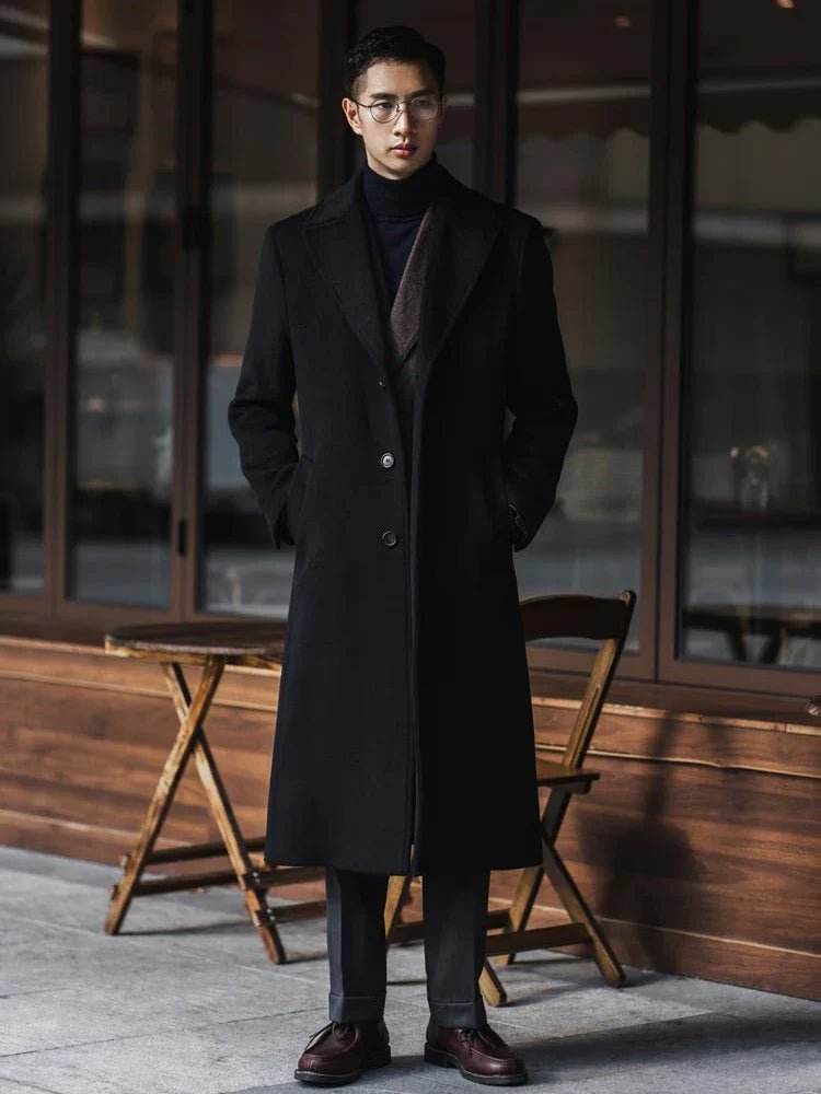 Long Warm Black Trench Coat For Men Wool Blend Winter Ready - Nalani - UK Fashion Clothing and Decor