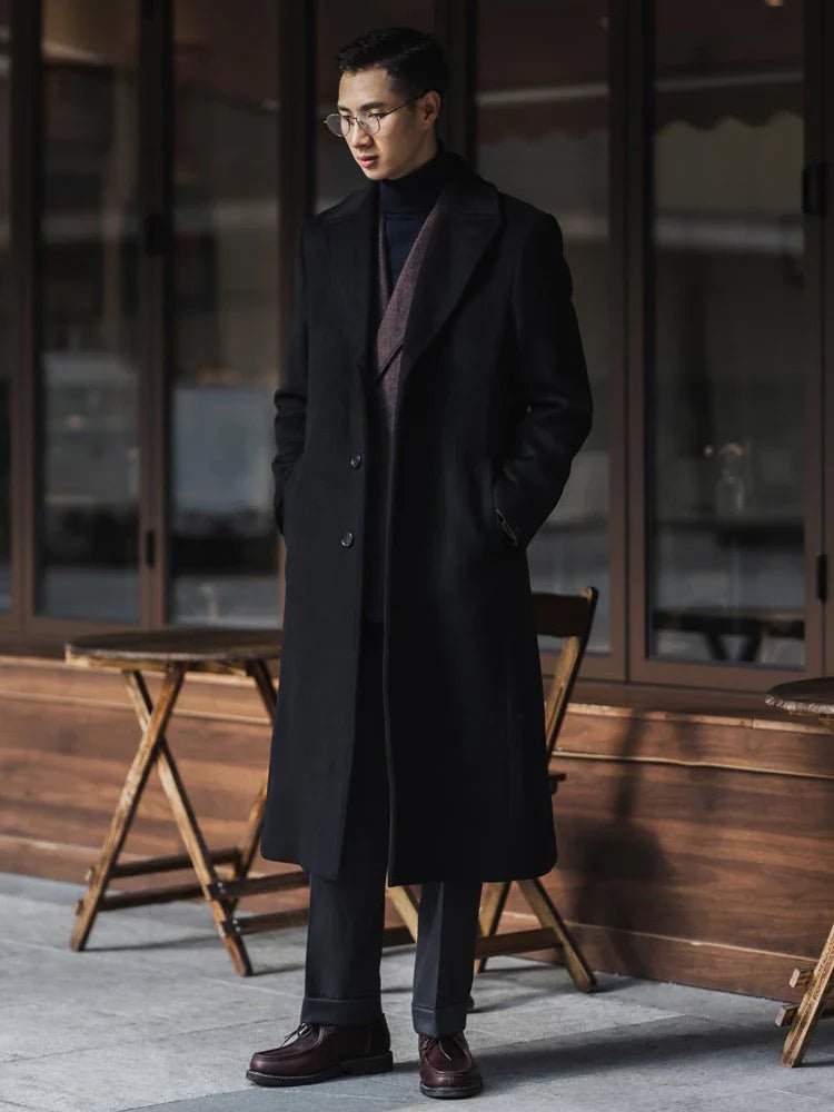 Long Warm Black Trench Coat For Men Wool Blend Winter Ready - Nalani - UK Fashion Clothing and Decor