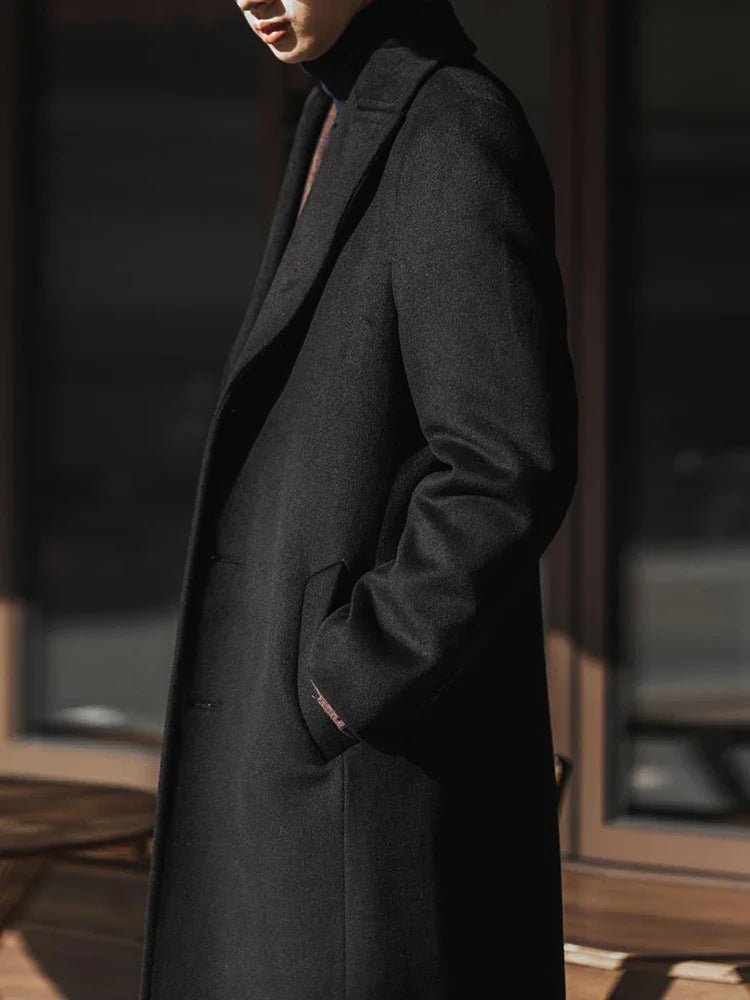 Long Warm Black Trench Coat For Men Wool Blend Winter Ready - Nalani - UK Fashion Clothing and Decor