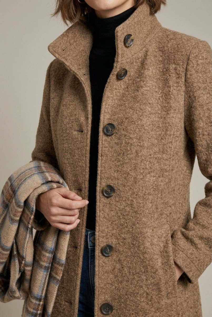 Luna | Women's Long Sleeve Notch Collar Button-Front Mid-Length Wool Blend Coat - Nalani - Fashion Clothing and Decor