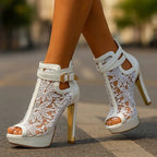 Luniva Lace Panel Platform Heels With Openwork Detailing - Nalani - Fashion Clothing and Decor