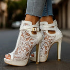 Luniva Lace Panel Platform Heels With Openwork Detailing - Nalani - Fashion Clothing and Decor